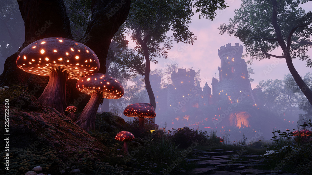Poster mysterious twilight in a mystical forest with glowing mushrooms and an ancient castle. generative ai