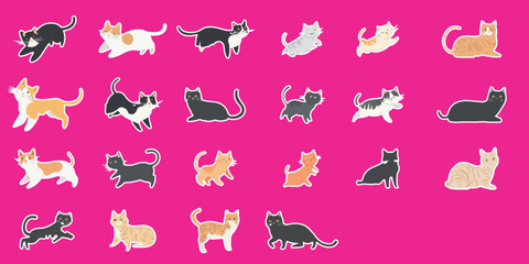 Collection of flat vector illustrations of cats in jumping, sitting and dancing poses on one white artboard. Perfect for cute and modern pet themed social media elements, prints or wallpapers.