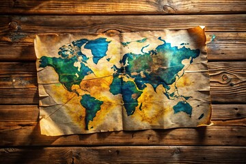 Long Exposure Worn Map on Rustic Wood Table