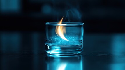 Flaming liquid in glass, dark background, reflection, energy concept
