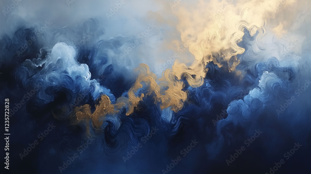 Poster swirling abstract representation showcasing a blend of blue and gold hues in a dynamic art compositi