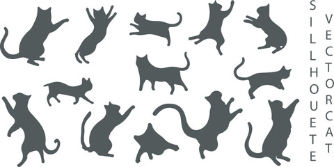Obraz premium Flat style vector illustration of cats in various dynamic poses such as jumping, sitting and dancing. This minimalist design is ideal for print decor, social media, or cat-themed wallpaper.