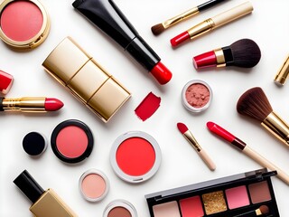 Flat lay of various makeup products arranged on a white background. Includes red and nude lipsticks, a gold mascara tube, compact powders, an eyeshadow palette with neutral shades, a makeup brush.