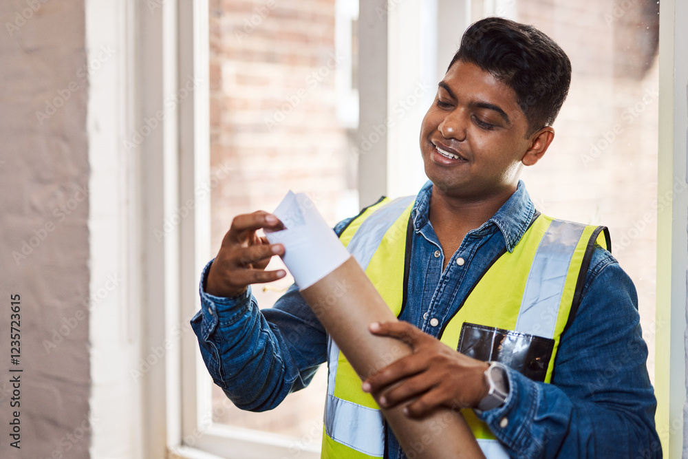 Poster Smile, man and architect with construction blueprint of architecture, floor plan and project design. Male person, document and building proposal of remodeling update, industrial development and ideas