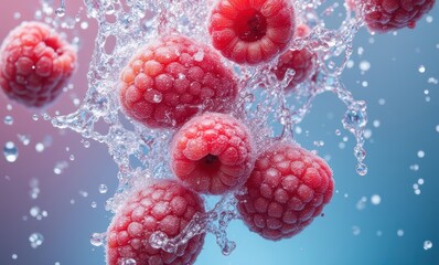 Fresh raspberries splashing in clear water