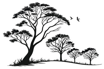a set of six Silhouette tree in a white background