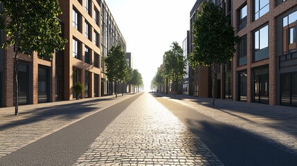 A tranquil city street view on a sunny day with buildings and trees
