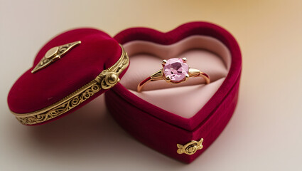 A delicate antique-inspired solitaire ring with a pink sapphire, set in 14k gold, rests in a crimson heart-shaped velvet box with gold accents, evoking luxury and refinement.