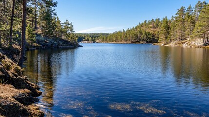 Naklejka premium Scenic Lake Surrounded by Forest in Bright Sunlight with Clear Water and Blue Sky