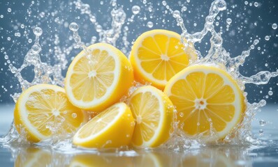Refreshing lemon slices splashing in water