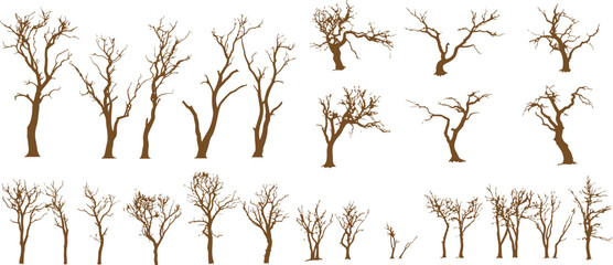 Collection of dry tree silhouettes with branches and empty trunk on white background. This illustration is suitable for minimalist designs, graphic elements, prints or nature and autumn themed wallpap