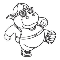Obraz premium Line art of the rapper hippo dancing happily cartoon vector