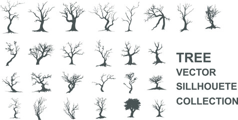 Set of silhouettes of deciduous trees with branching twigs over a white background. This design is perfect for posters, decorative prints, social media elements, or fall-themed art inspiration.