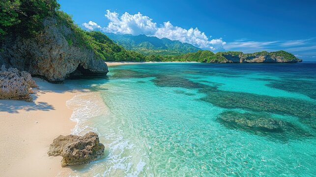 Sandy beach with rocky cliff and clear blue water under a bright sky in a tropical setting