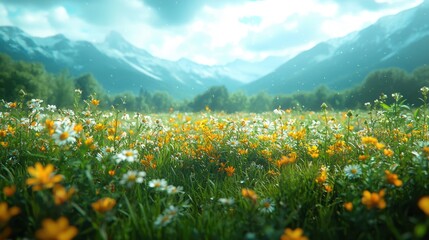 Obraz premium Field of colorful wildflowers with green meadow and mountains in the background under a clear blue sky