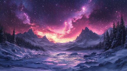 Snowy landscape with mountains river and northern lights illuminating an icy terrain at night