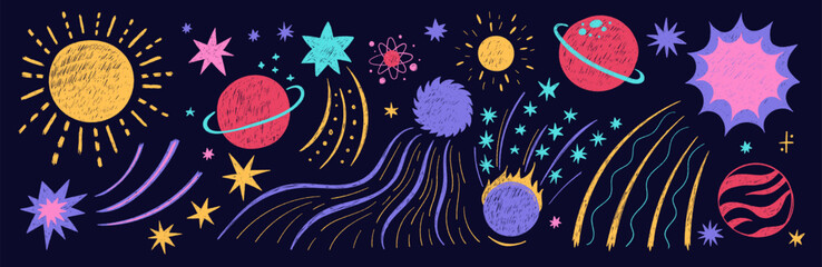 Set of space, planets and stars with crayon, pastel or chalk texture. Colorful doodle vector illustration with sparkles and fireworks.