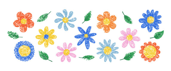 Collection of crayon doodle flowers and leaves. Spring Easter illustration with pastel or chalk texture. Summer kids vector illustration.