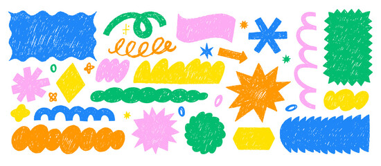 Scribble doodle shapes with crayon or chalk texture. Hand drawn stickers with geometric elements for collage or design use. Color vector illustration.