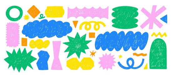 Funky doodle shapes with crayon or chalk texture. Hand drawn stickers with geometric elements for collage or design use. Color vector illustration.