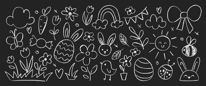 Collection of hand drawn Easter elements with crayon or pastel texture. Chalk bunny, flower, eggs and butterfly. Doodle white vector illustration on a blackboard.