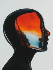 Futuristic Transparent Glass Head Reflecting a Dreamlike Landscape