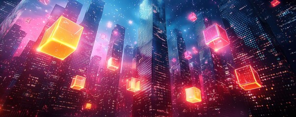 Fototapeta premium Futuristic cityscape with glowing cubes in a vibrant night skyline