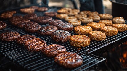 Grilled patties sizzling on a barbecue, showcasing a variety of textures and colors outdoors