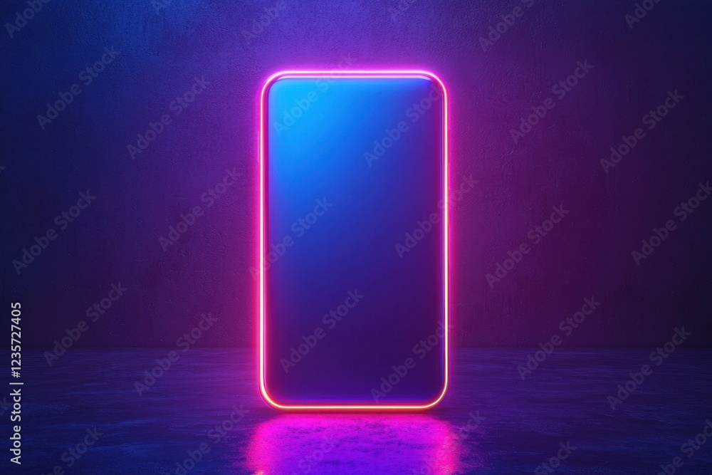 Poster illuminated vertical frame with neon lights in dark minimalist setting