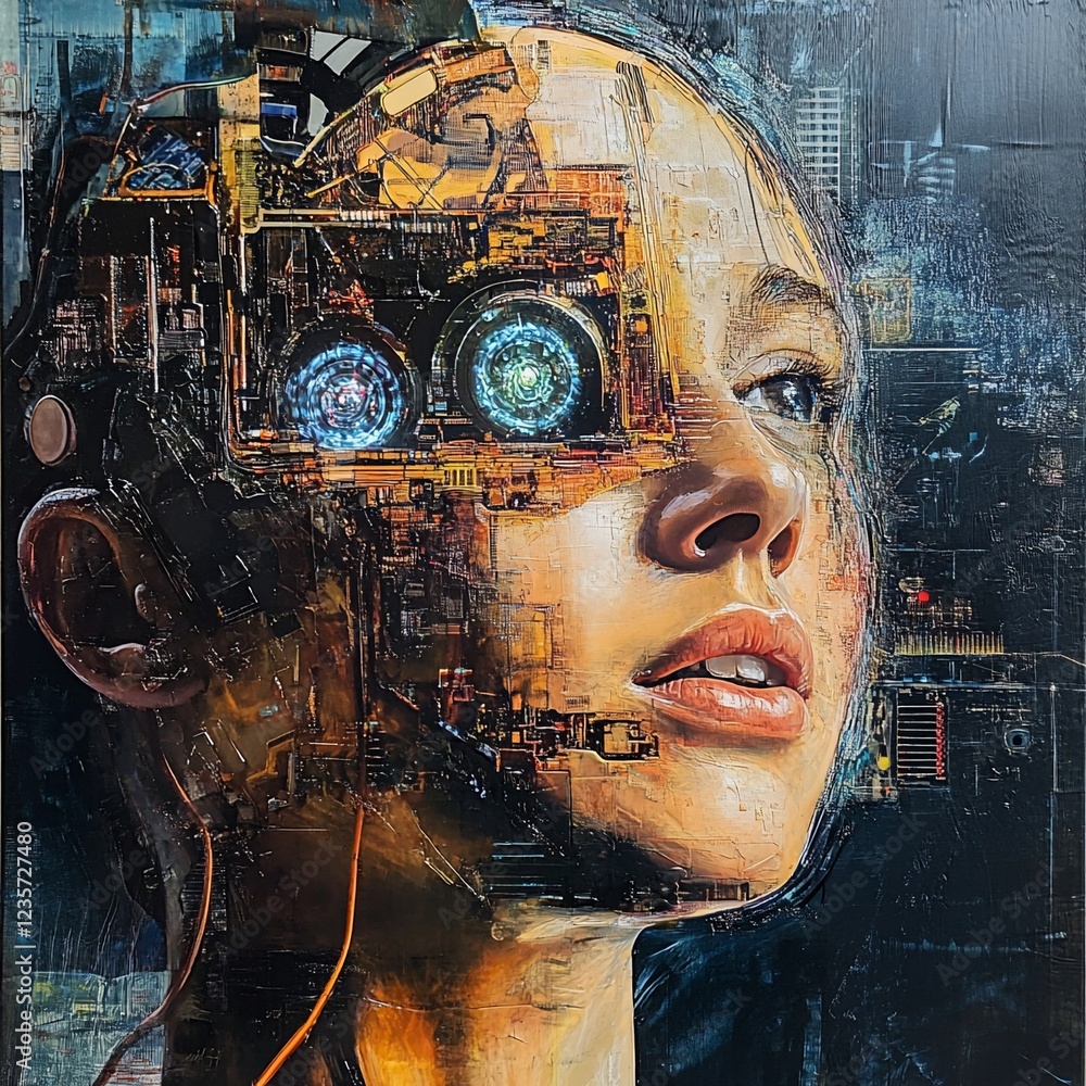 Poster cyborg portrait with mechanical internal structure and glowing robotic eyes with abstract cityscape