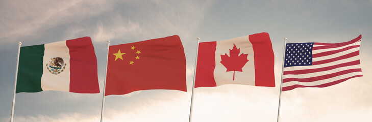Relations between the countries of Mexico, China, Canada and the United States of America USA represented by the concept of three flags waving against a backdrop of a cloudy sky tariffs 3D RENDER.