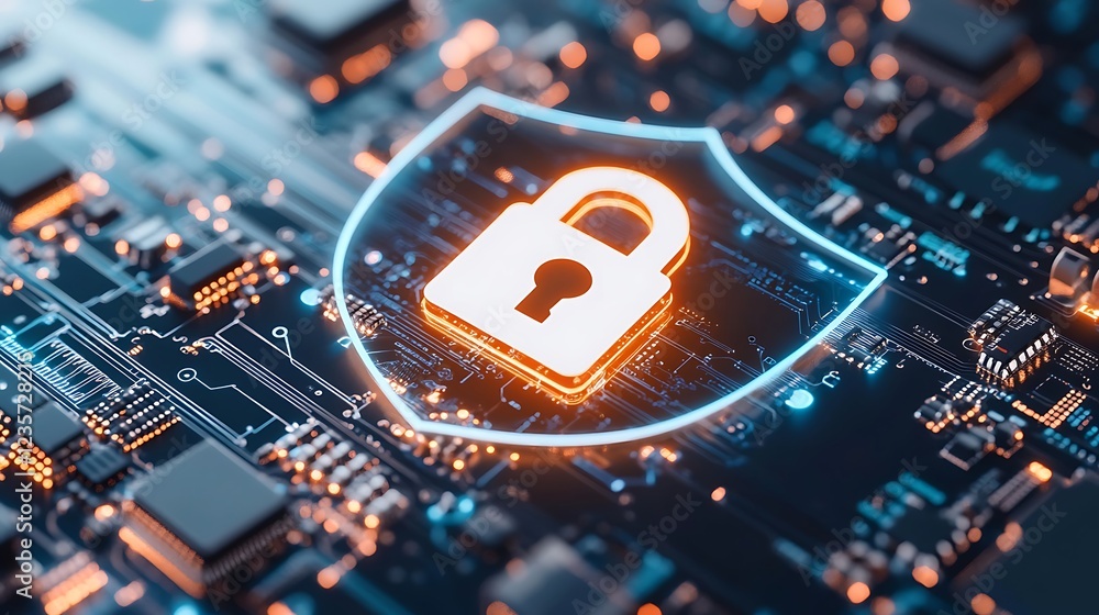 Poster digital security shield with lock icon representing data protection and privacy