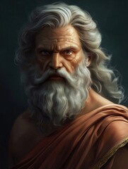 Digital Painting of a Bearded Zeus-Like Figure with Intense Eyes and Flowing Hair