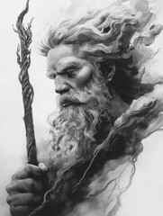 Black and White Sketch of an Ancient God Holding a Staff, Expressive and Detailed
