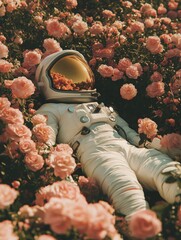 Surreal Astronaut Floating Among Blooming Flowers in a Dreamlike Space Scene