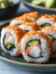 Close-Up of Fresh Sushi Rolls with Crispy Tempura Coating and Avocado Filling
