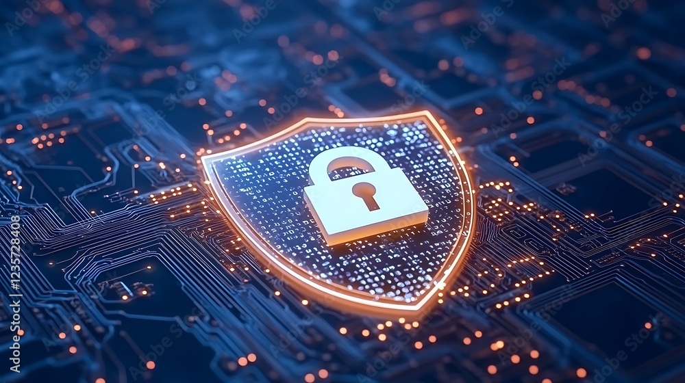 Poster digital security shield with lock icon representing data protection and privacy