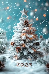 White Christmas tree adorned with snow and star celebrating 2025