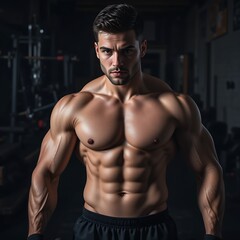 Fototapeta premium strong athlete man person exercising in the sport gym, close up of muscular body, workout exercise training in fitness for body strong and fit, bodybuilding and healthy lifestyle people