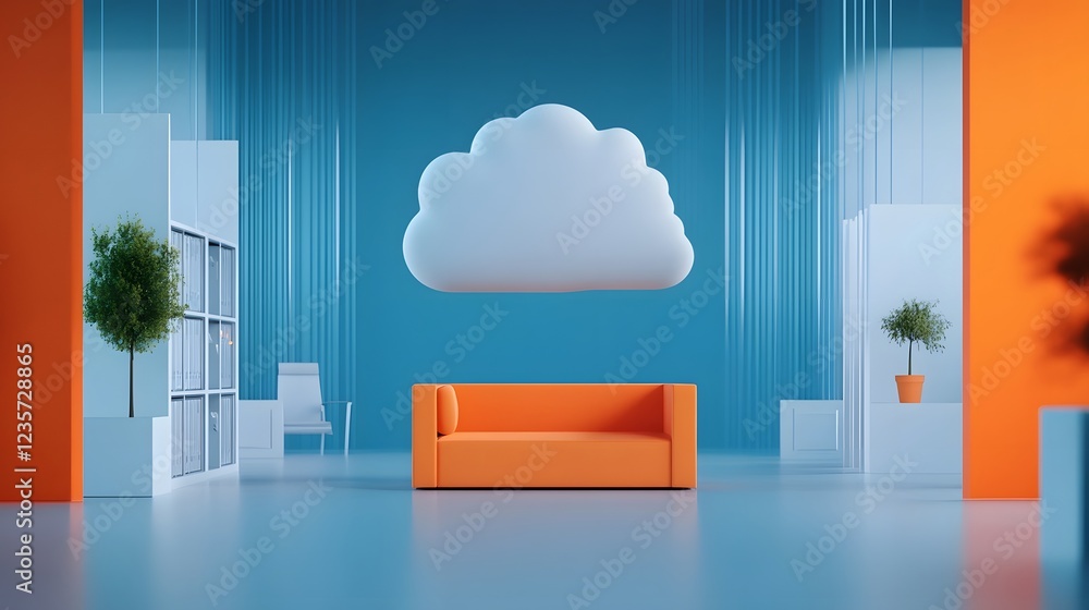 Poster floating office surrounded by futuristic digital data streams,symbolizing cloud-based working