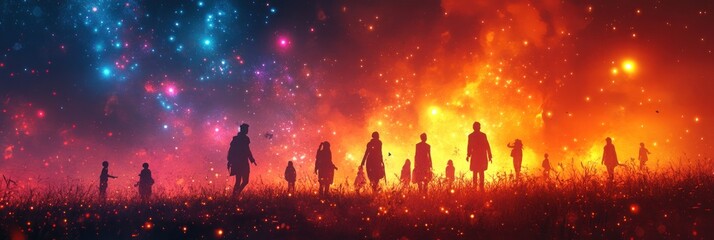 Silhouetted figures stand in a fiery field under a cosmic sky.