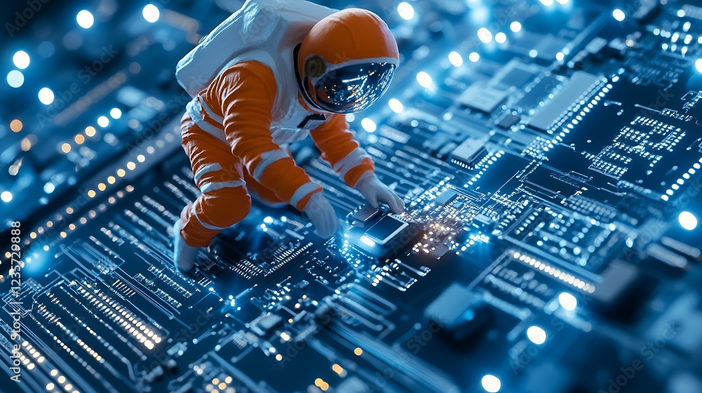 Poster astronaut exploring the circuit board in a futuristic digital environment