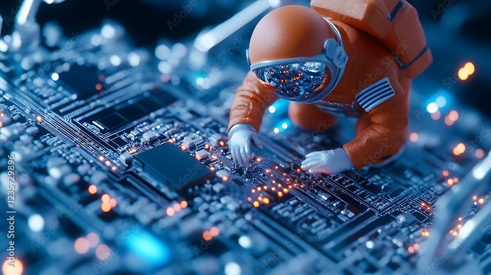 Aufkleber astronaut exploring the circuit board in a futuristic digital environment