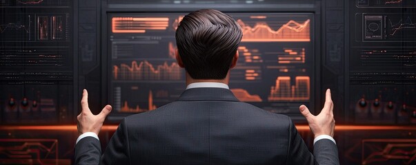 A business professional analyzes data on a high-tech digital screen, surrounded by graphs and statistics in a futuristic setting.