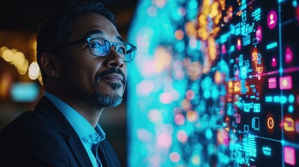 Professional analyzing digital data visualization