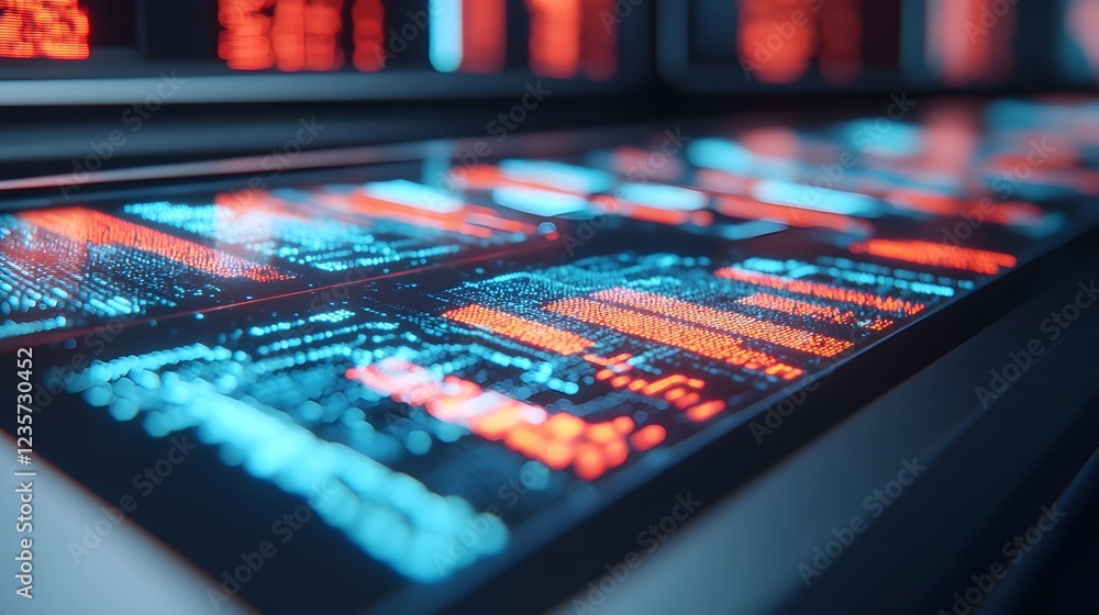 Poster futuristic holographic display of financial forecasting data and business trends in 3d