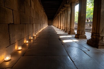 Obraz premium Candlelit path in ancient temple corridor, Cambodia, sunlight. Peaceful spiritual scene for travel or meditation.