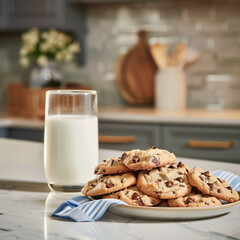 A pack of chocolate chip cookies with a glass of milk, set against a cozy kitchen counter, classic and comforting