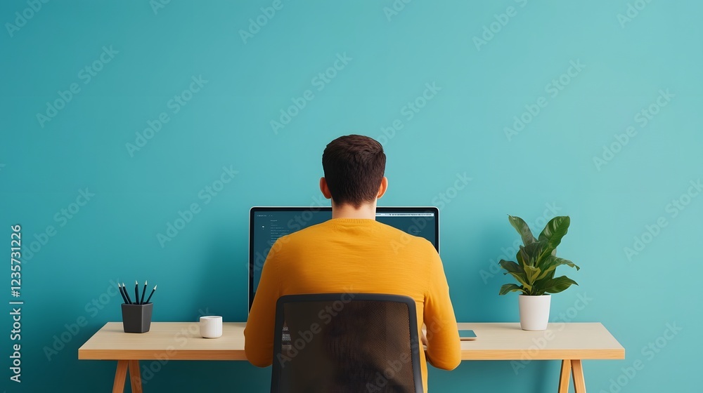 Poster remote workspace with computer and plants in teal office setting