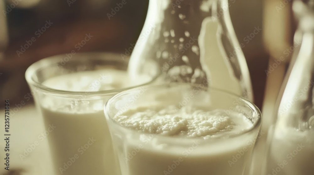 Poster glasses and bottles of fresh milk on a rustic table with soft lighting and blurred background